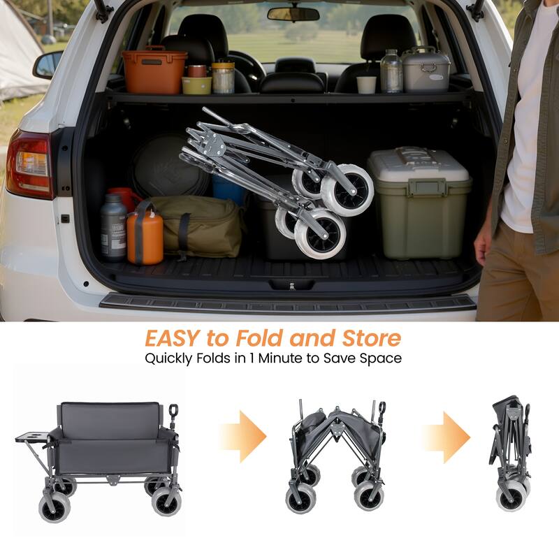 3-in-1 Collapsible Wagon, Convertible Folding Wagon Cart with Rear-Mounted Folding Tabletop, 500lbs Heavy-Duty, 180L Capacity
