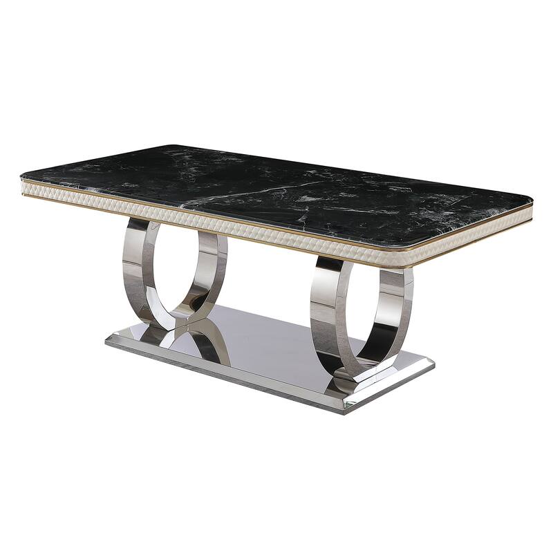 Luxury Modern Dining Table 78.7inch Black Dining Table with 8 chairs Faux Marble Dining Table Top with Dual Circle Bas