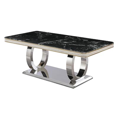 Luxury Modern Dining Table 78.7inch Black Dining Table with 8 chairs Faux Marble Dining Table Top with Dual Circle Bas