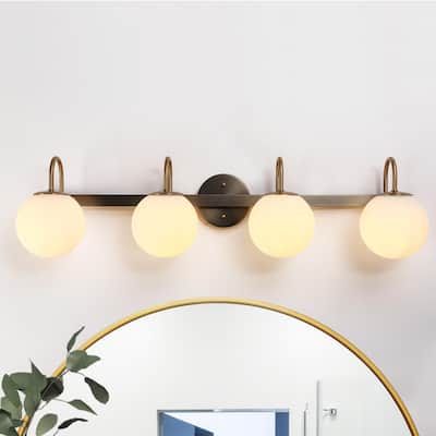 Aladari Modern Gold 4-Light Bathroom Vanity Light Opal Glass Globe Wall Sconces - Plating Gold - L33"*H8.3"