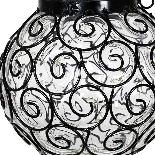 Exhart Solar Round Glass and Metal Hanging Lantern with 15 LED Fairy Firefly String Lights, 7 by 21 Inches