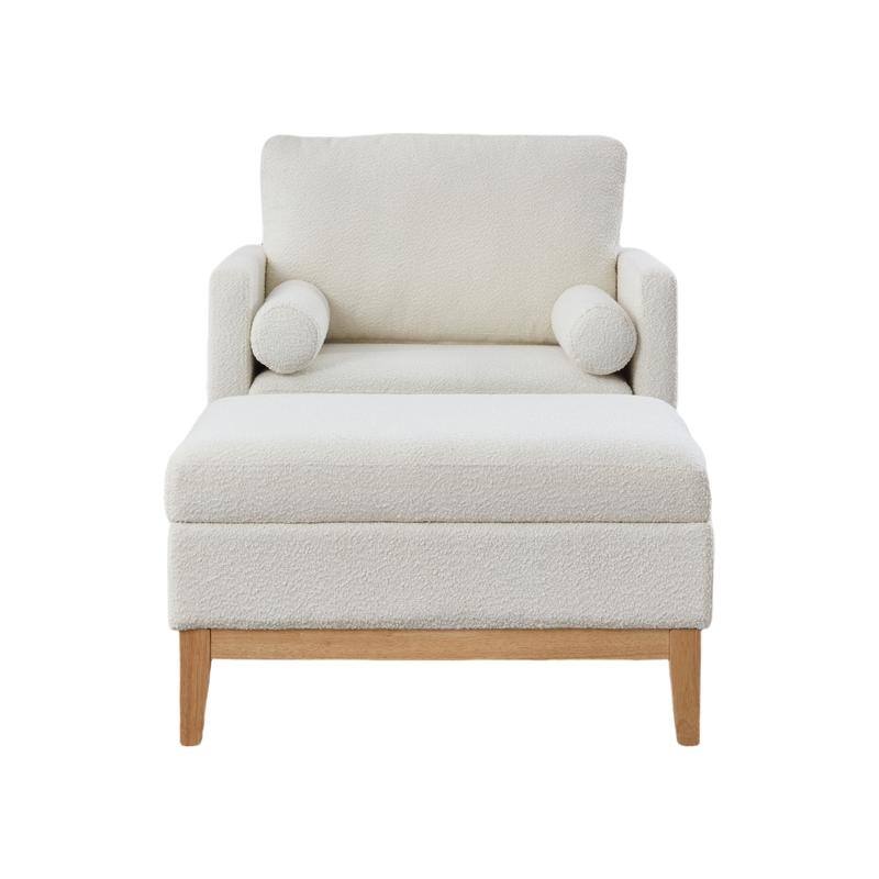 Boucle Farmhouse Armchair Set with Storage Ottoman and Natural Wood Legs