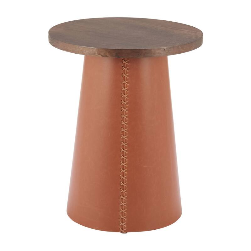 HomeRoots 23" Brown Wood and Faux Leather Round Pedestal End Table - 19.00 in. x 22.60 in. x 19.00 in.