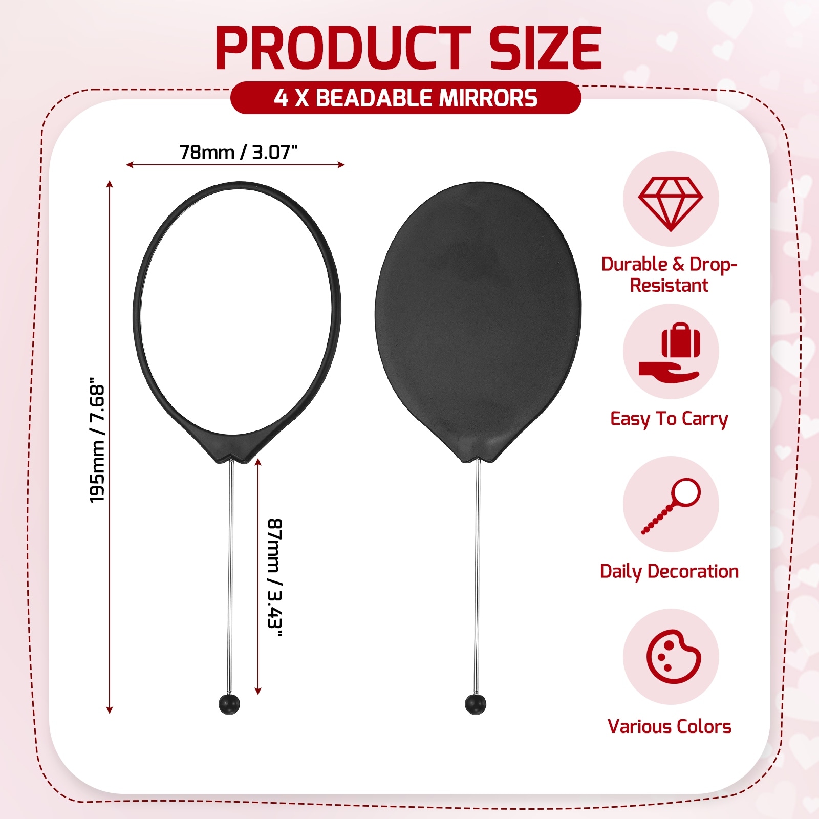 Beadable Mirrors with Handle Long Bead Mirror Bars Removable Portable for Women DIY Crafts Travel Makeup