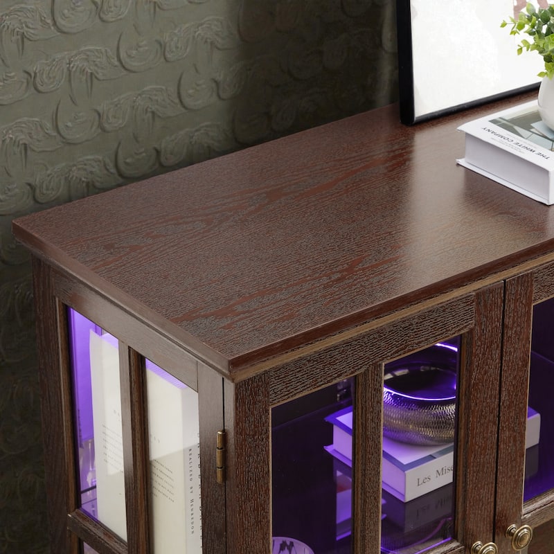 LED Antique Curio Display Cabinet with Glass Doors, 4 Door Vintage Showcase with Adjustable Shelves