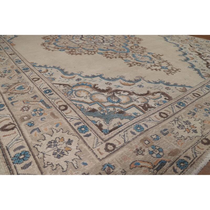 Hand Knotted Oriental 100% Wool Carpet Traditional Medallion Beige & Ivories Tabriz Area Rug - 11' 7'' X 8' 4''