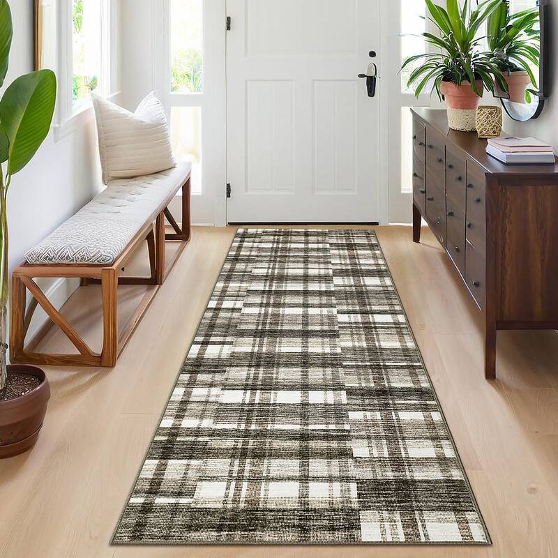Area Rugs for Living Room Bedroom Modern Geometric Rug Low Pile Non Slip Farmhouse Plaid Carpet - Beige Brown - 2'x6'