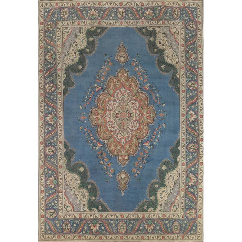 Blue Tabriz Persian Vintage Rug Handmade Wool Carpet - 9'7" x 13'0"