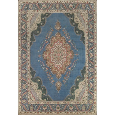 Blue Tabriz Persian Vintage Rug Handmade Wool Carpet - 9'7" x 13'0"