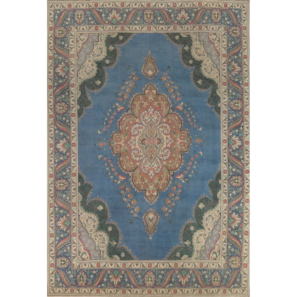 Blue Tabriz Persian Vintage Rug Handmade Wool Carpet - 9'7" x 13'0"