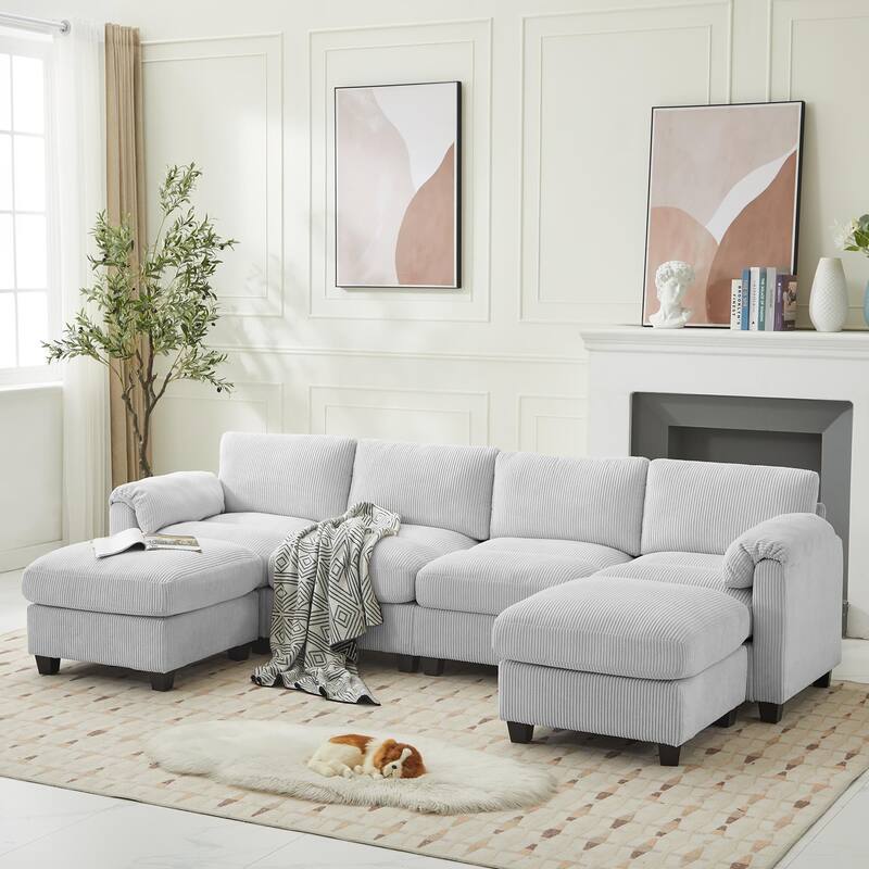 Corduroy Sectional Sofas with 2 Removable Ottomans, U-shaped Symmetrical 6-Seat Modular Couch