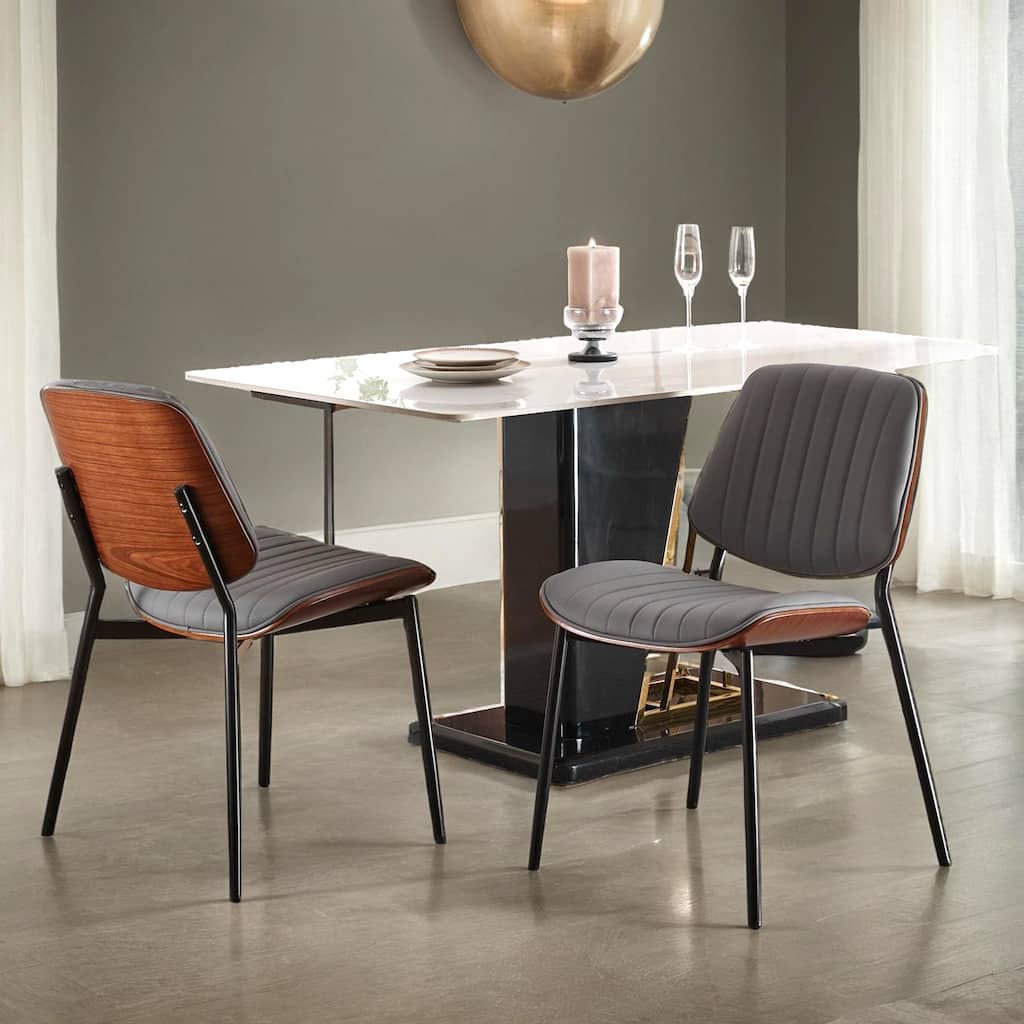 Dining Chairs Set of 2 Mid Century Modern Retro Faux Leather Chair with Walnut Bentwood Back Upholstered Seat Metal Legs