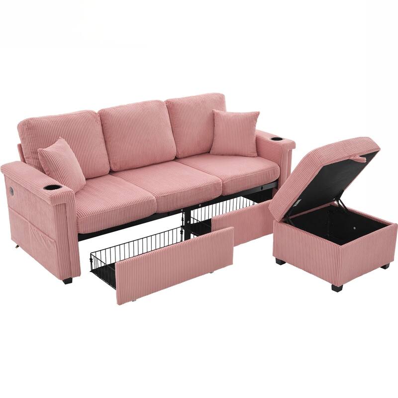 L-Shaped Sectional Sofa with Pull-Out Storage,Ottoman & Pillows 3-Seat with USB Charging,Cup Holder, Convertible Design