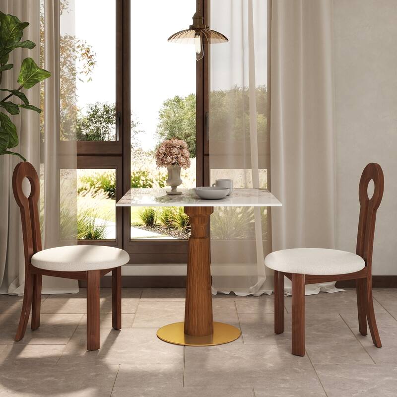 33" Retro Square Side Table, Glass & Sintered Stone Tabletop Dining Table with Solid Wood Pedestal