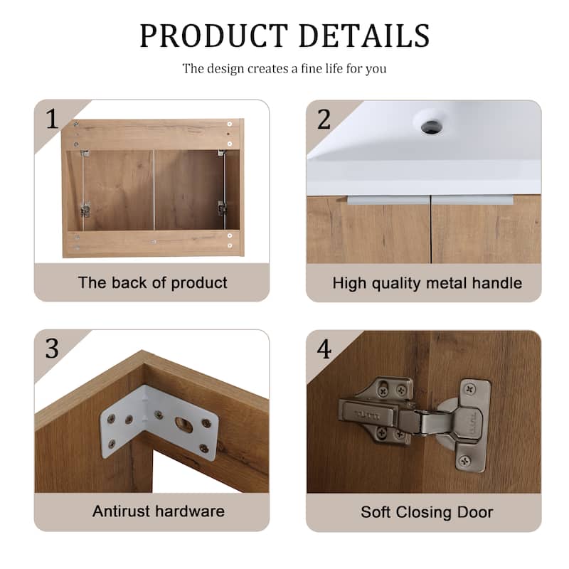 BNK 24"/30"/36" Single Sink Bathroom Vanity with Soft Close Door, Modern Floating Vanity