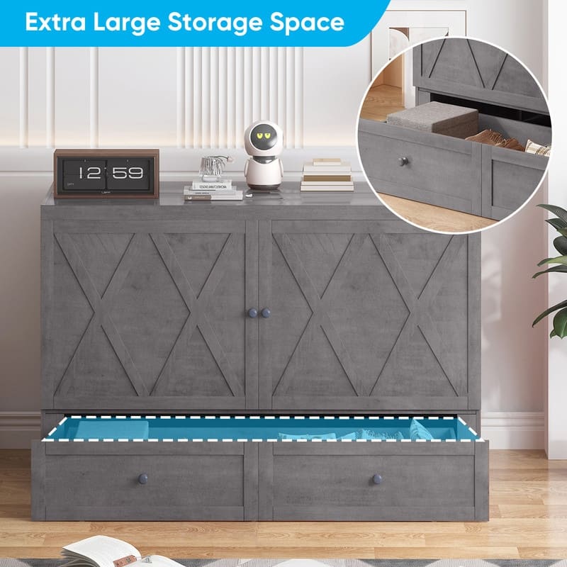 Mixoy Queen Size Murphy Bed with Charging Station & Storage Drawer,Space-Saving Design,Optional Mattress