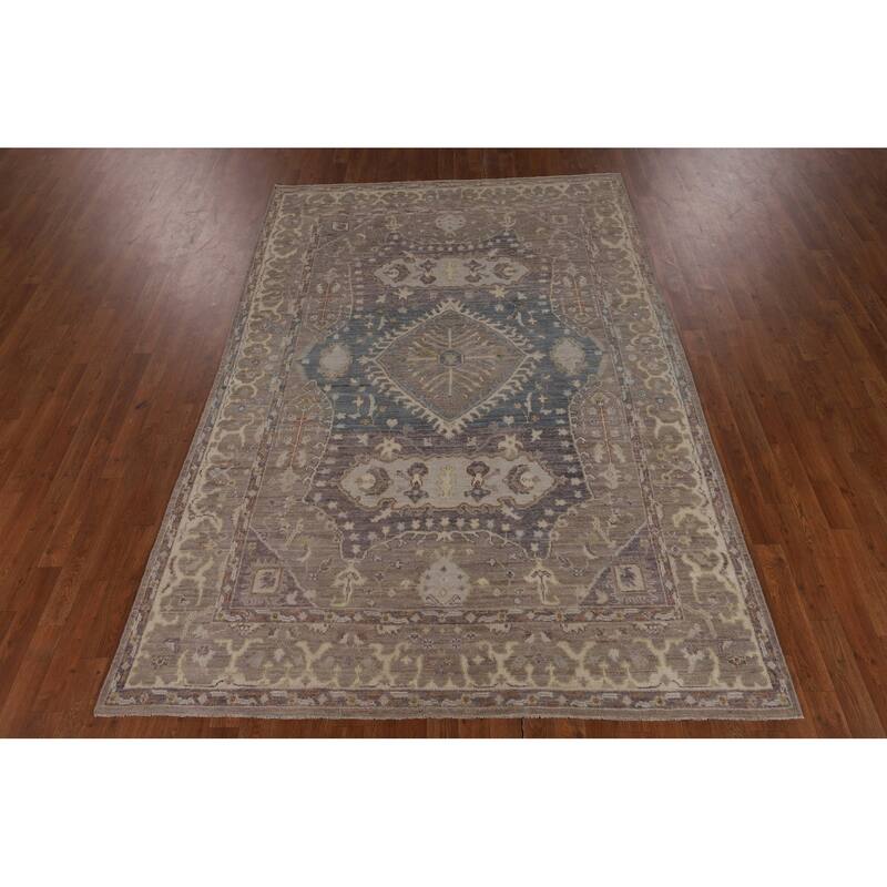 Vegetable Dye Oushak Turkish Area Rug Grey Hand-Knotted Wool Carpet - 6'1"x 9'0"