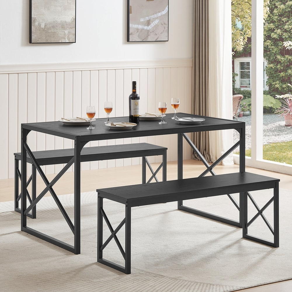 VECELO 3-pieces Dining Table with Bench, Dinning Room Table Set for 4-6, Kitchen Table with 2 Benches Dining Table Set