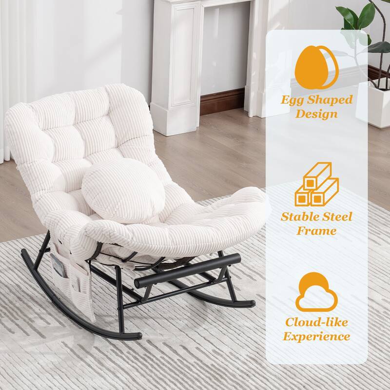 HOMEFUN Corduroy Upholstered Egg Shaped Design Steel Frame Rocking Chair with Side Pocket and Foot Pedal