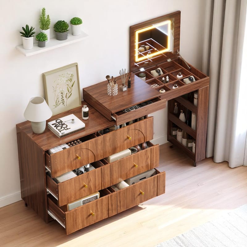 Makeup Vanity Table with Mirror and Lights, 3-Mode LED, 7 Storage Drawers and Adjustable Flip-Top for Bedroom Use