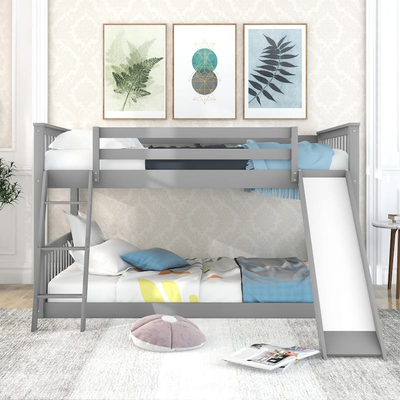 Convertible Full over Full Bunk Bed with Slide and Ladder, Gray