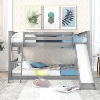 Full Over Full Bunk Bed Floor Bed with Convertible Slide and Ladder, Solid Pine Wood Frame, Built-in Guardrails for Kids Bedroom