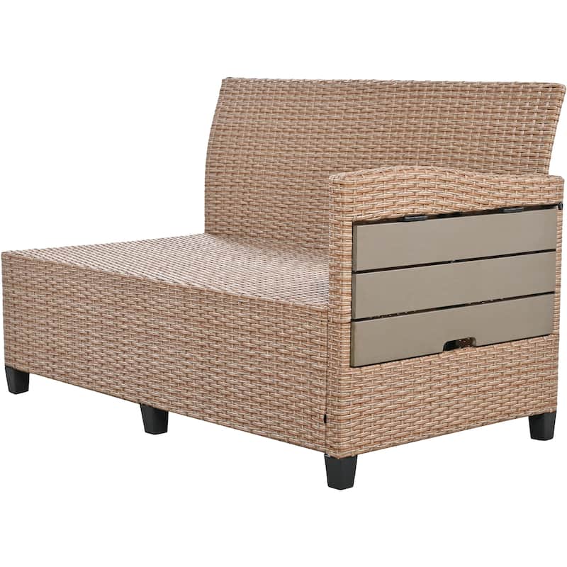 Roomfitters 5-Piece Outdoor Rattan Sofa Set, Patio Sectional Furniture with Dining Table, Storage Bench, Side Trays