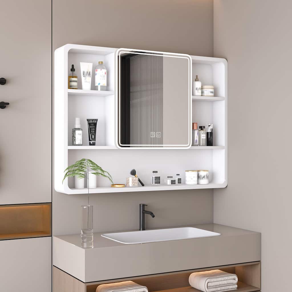 Mirror Cabinet with 3 Colors LED Light,Defogging and Hair Dryer Holder