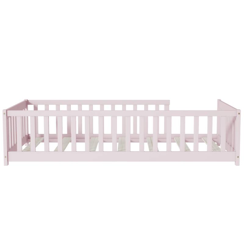 Twin Size Floor Bed with Fence without Door, Rubber Wood Floor Bed with Safety Guardrails