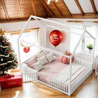 House-Shaped Design Full Size Metal House Bed with Fence and Door,Solid Construction