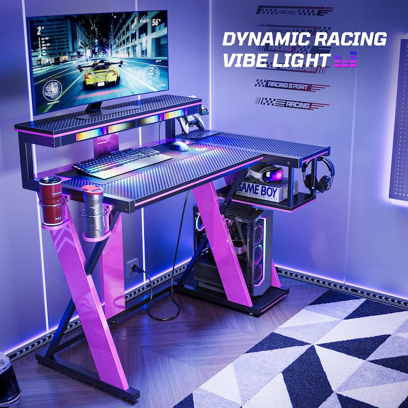 Bestier 42" Computer Desk with Music Sync Light, Corner Desk with Monitor Stand and PS5 Storage Shelves and Headset Hooks - Purple