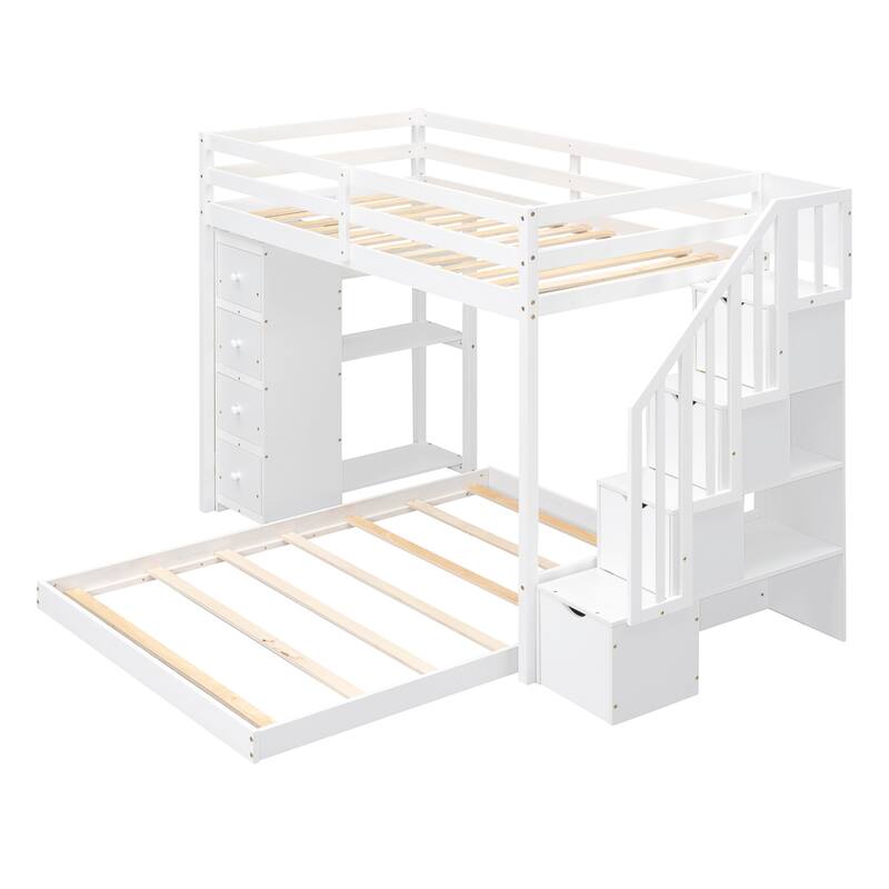 Space-Saving Twin Over Full Bunk Bed with Shelves, Drawers, and Storage Stairs in White