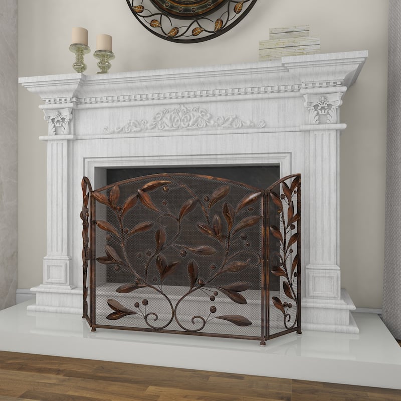 Brown Iron Eclectic Wood Fireplace Screen Floral 30 x 45