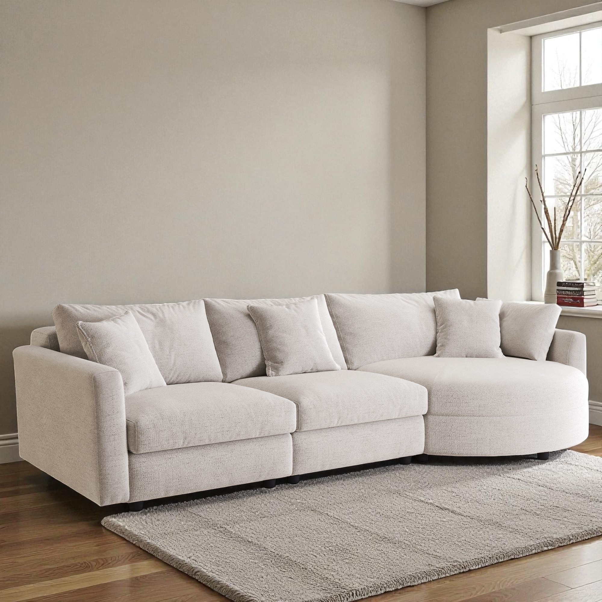 107" Chenille 3-Piece Sectional Sofa with Curved Chaise, Pine Wood Frame & 3 Throw Pillows for Living Rooms and Apartments