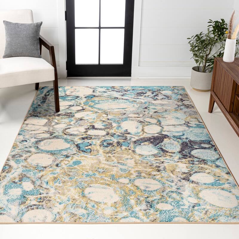 JONATHAN Y Linear Marbled Abstract Area Rug - 4 X 6 - Blue/Beige
