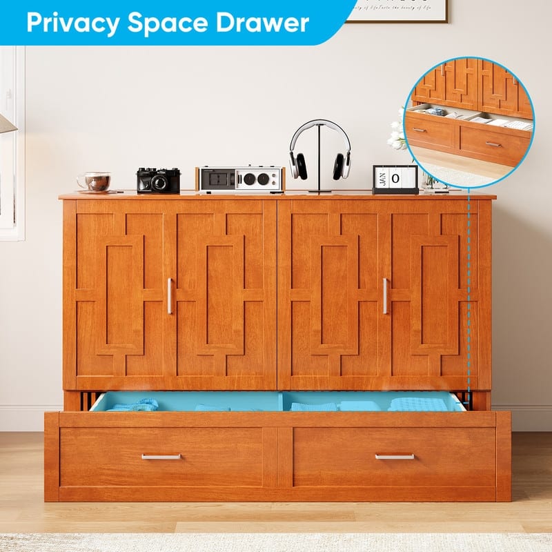 Mixoy Queen Modern Murphy Bed Chest with Mattress,Storage Drawer,Charging Station