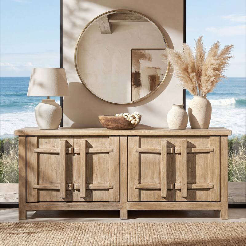 Jennifer Taylor Home Rowan 91" Reclaimed Pine 4-Door Crossbar Sideboard Cabinet, Heritage Light Natural Brown Reclaimed Pine