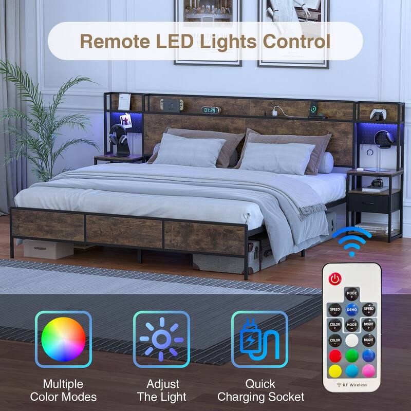 Anmytek Rustic Brown Queen/King Bed Frame with 2 Sliding Nightstands - Bookcase Storage Headboard