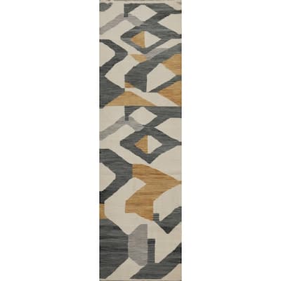 Hand Woven Oriental 100% Wool Carpet Southwestern Modern Beige & Ivories Kilim Runner Rug - 9' 9'' X 2' 8''
