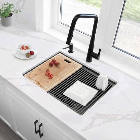 STYLISH 25 inch Workstation Single Bowl Undermount 16 Gauge Stainless Steel Kitchen Sink with Built in Accessories