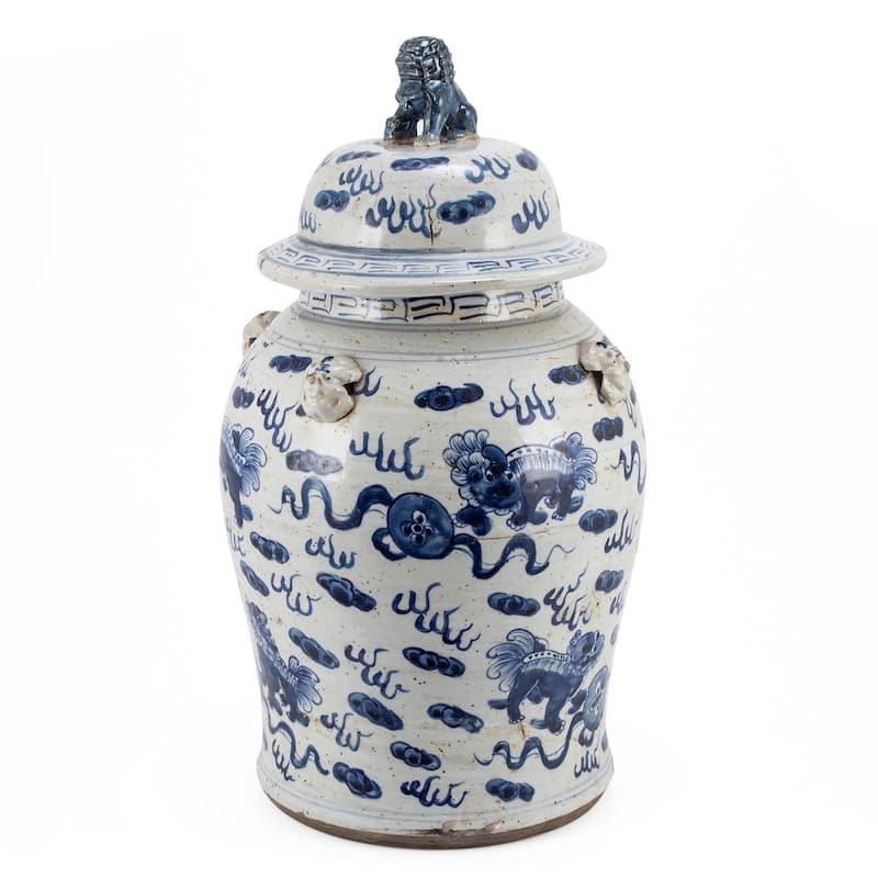 Vintage Temple Jar Lion Motif - Large