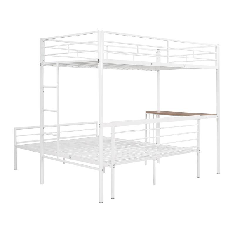 White Twin over Full Metal Bunk Bed with Desk, Ladder, and Quality Slats