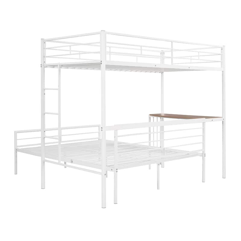 White Twin over Full Size Metal Bunk Bed with Desk, Ladder and Quality Slats for Bedroom, Metallic