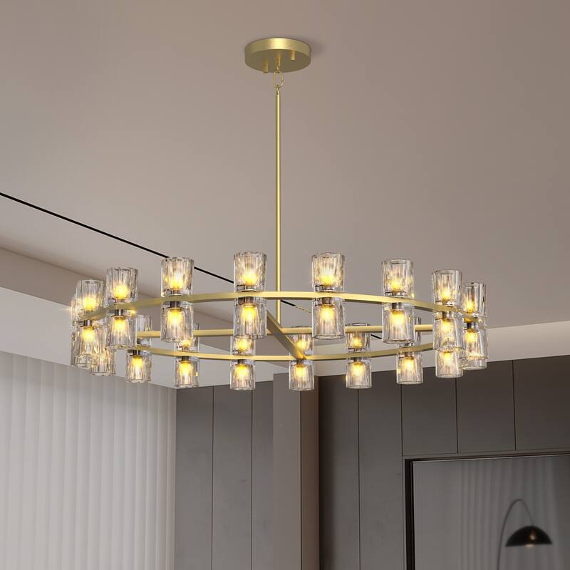 Farmhouse-Style Round Chandelier, Crystal Chandelier, Wagon Wheel Chandelier, for Dining Room, Living Room Bathroom, Gold - Gold