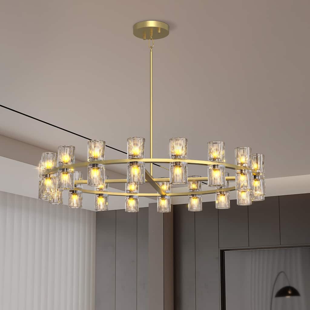 Farmhouse-Style Round Chandelier, Crystal Chandelier, Wagon Wheel Chandelier, for Dining Room, Living Room Bathroom, Gold