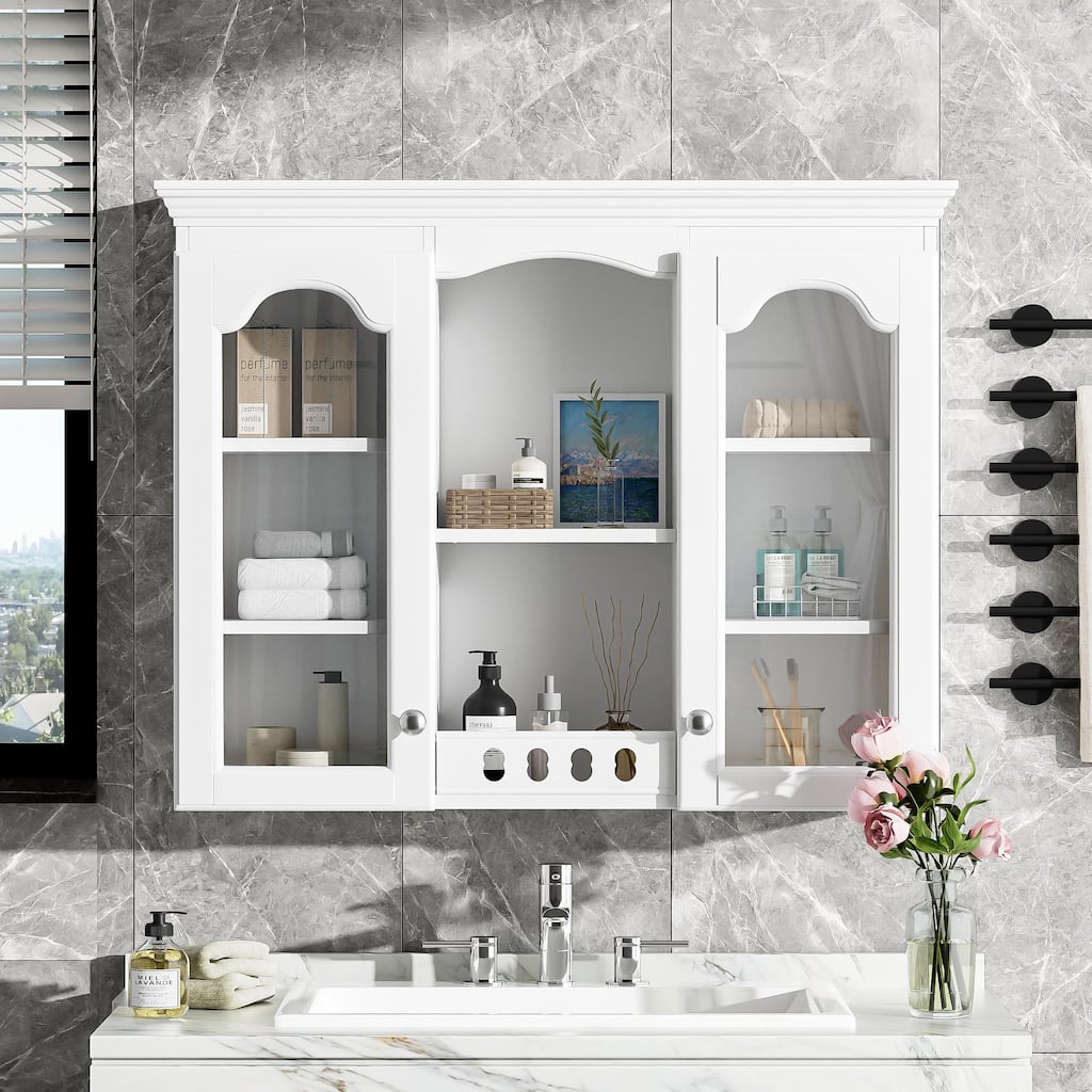 Wall Mounted Bathroom Storage Cabinet, Medicine Cabinet with Glass Doors & Open Shelves, Over The Toilet Storage Cabinet