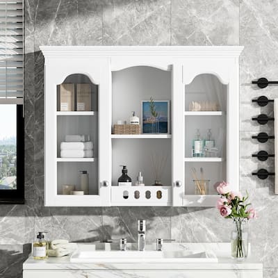 Wall-Mounted Medicine Cabinet With 2 Glass Doors, Designed As An Over-The-Toilet Space Saver. - 35.27''W x 28''H x 7.83''D