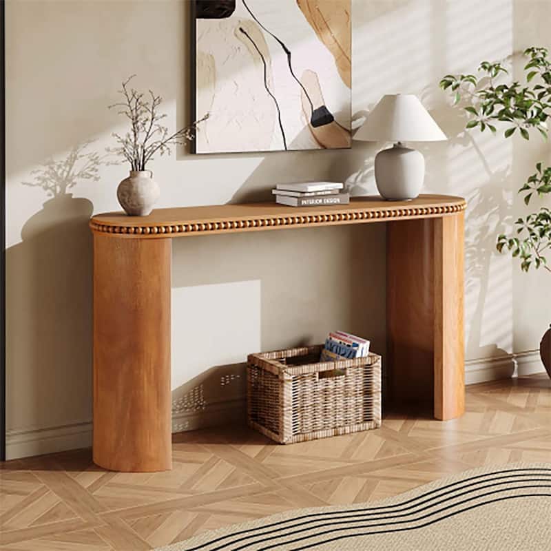 Elegant Console Table with Beaded Trim and Reversible Curved Legs,for Hallway, Living Room - Brown