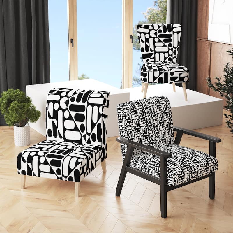 Designart "Black Lines Geometric" Upholstered Patterned Accent Chair and Arm Chair