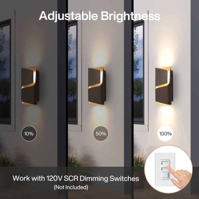 2-Pack Modern LED Outdoor Wall Sconce, 3CCT, IP44 Waterproof - 6.3'' W × 2.8'' D × 12'' H